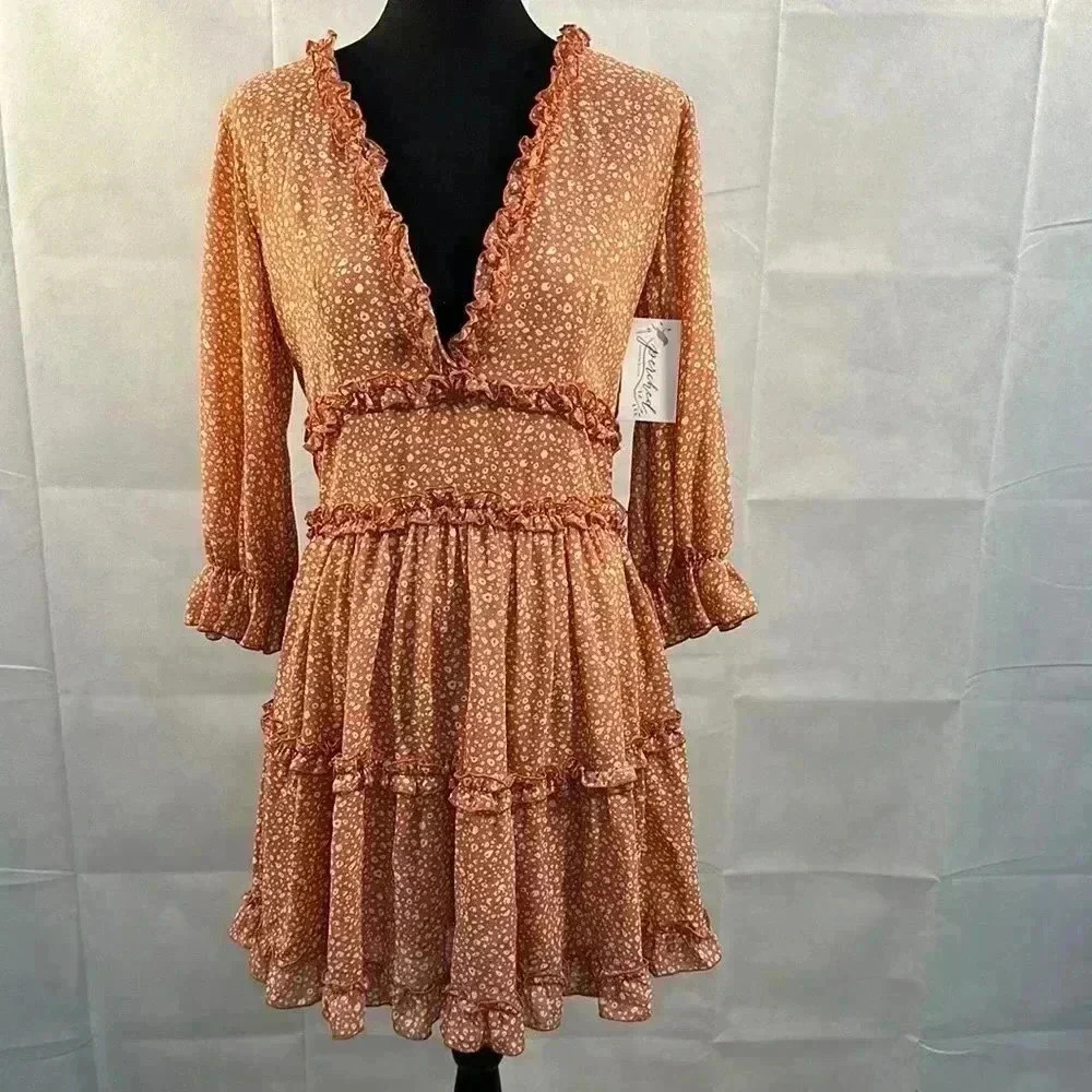 She and Sky Lined Coral Ruffle Dress